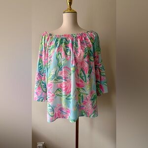 Lilly Pulitzer Off-Shoulder Top Nevie in Pink and Green Floral